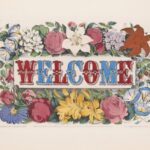 Blue and red WELCOME text framed by illustrated flowers on a beige background