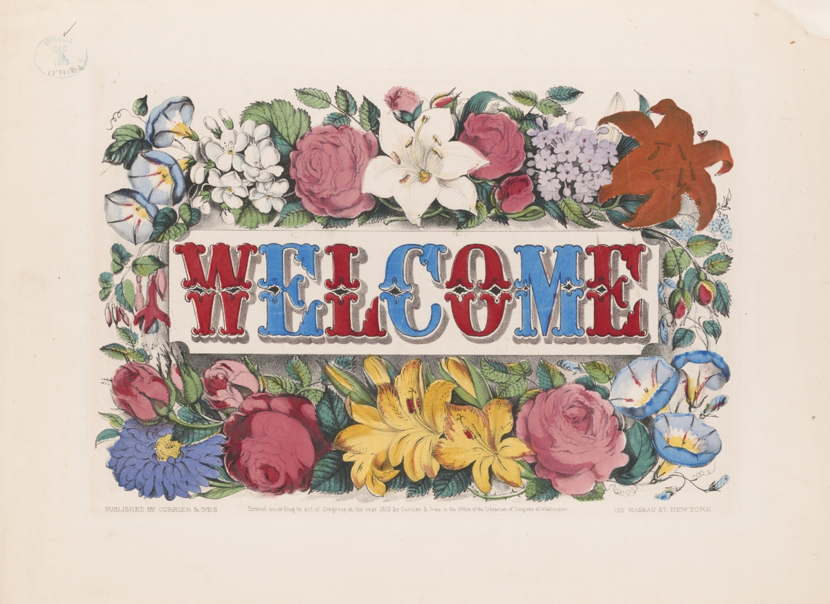 Blue and red WELCOME text framed by illustrated flowers on a beige background