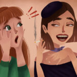 Graphic illustration of a woman smoking and another woman surprised, in a negative way.