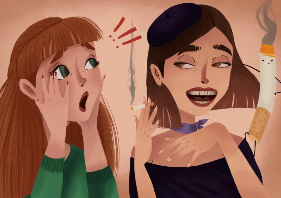 Graphic illustration of a woman smoking and another woman surprised, in a negative way.