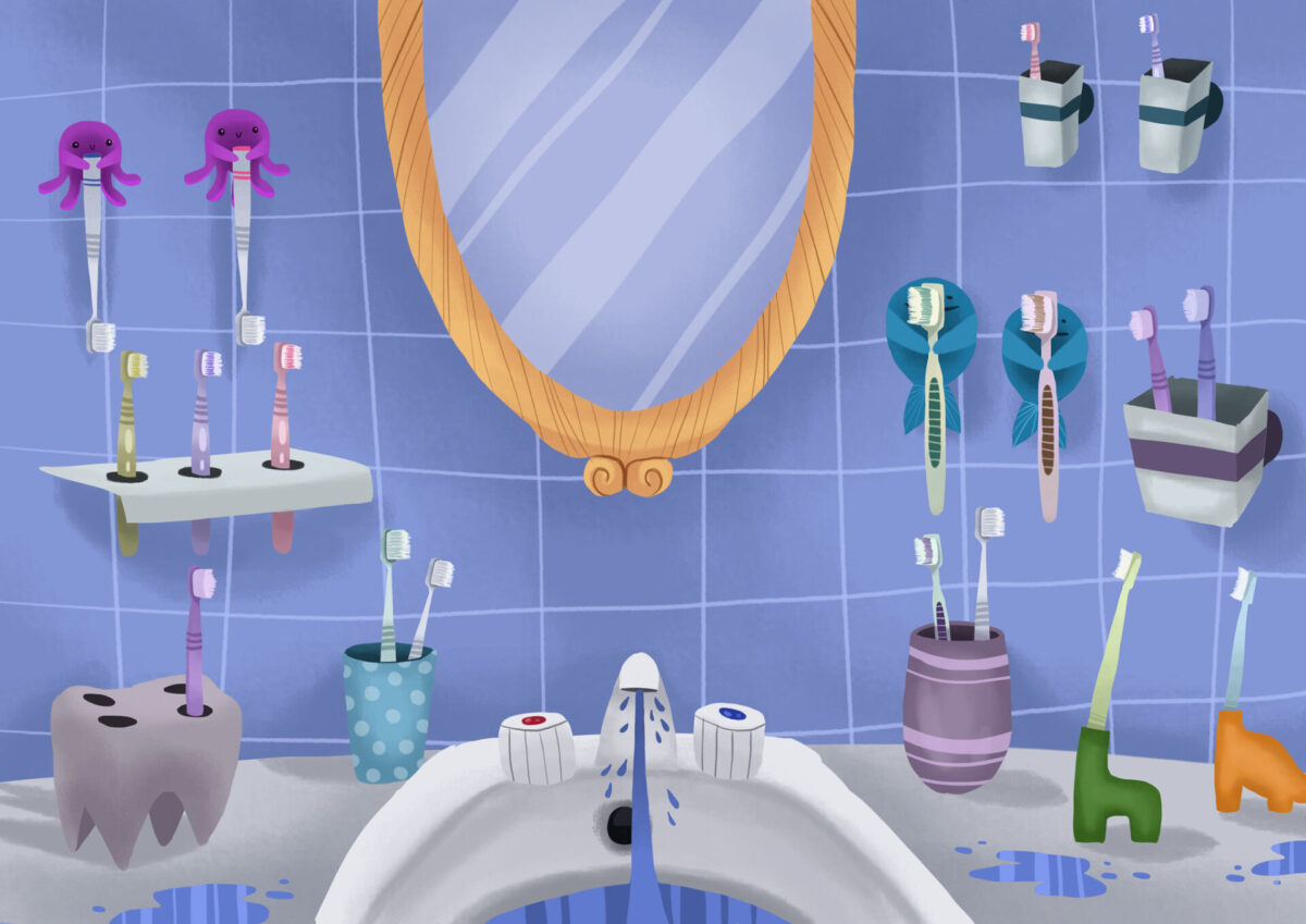 Graphic illustration of bathroom counter with many toothbrushes. Which is the best toothbrush?