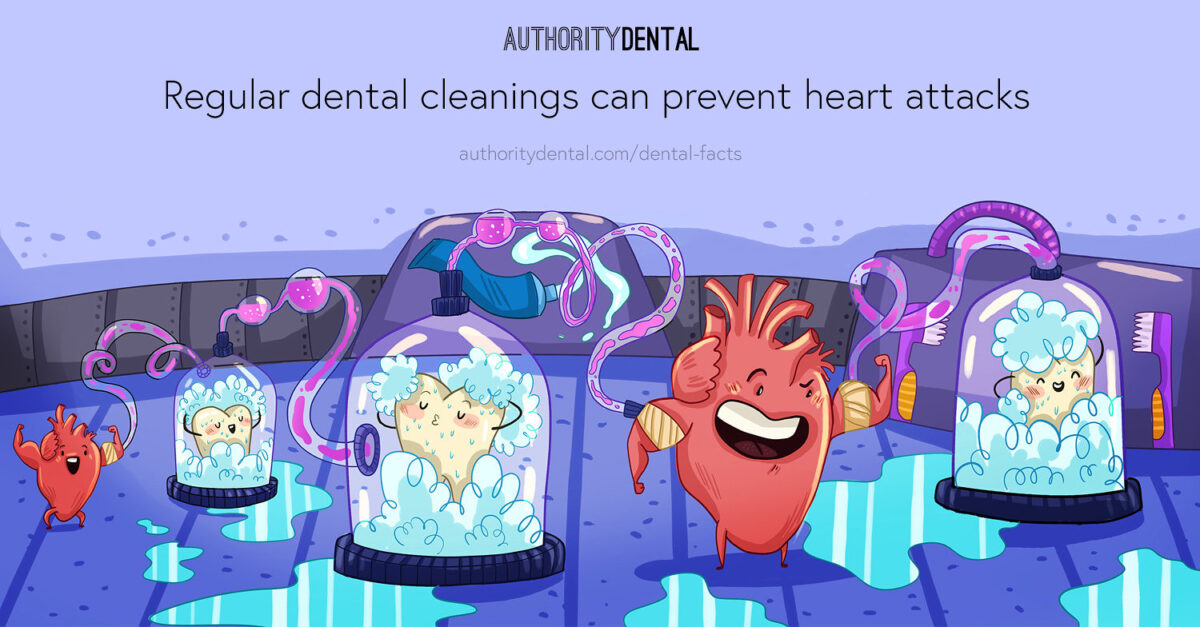 Graphic illustration that says, 'Regular dental cleanings can prevent heart attacks." Oral health and overall welness.